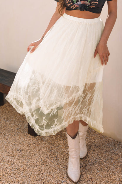 Beige Lace Cascading Tiered High Taille Maxi Rok