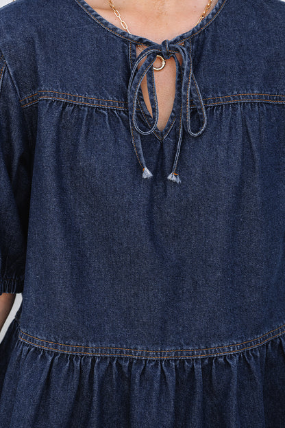 Zeil blauwe puff mouw veter halslijn splicing denim blouse