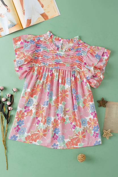 Roze geplooide blouse met ruches en fladdermouwen