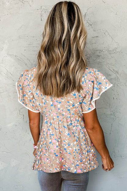 Kaki gekruiste blouse met V-hals, ruches en mouwen en print