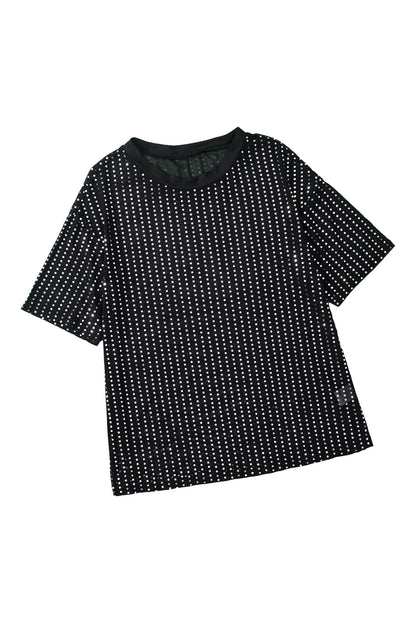 Zwart transparant T-shirt met lage schouder en pailletten