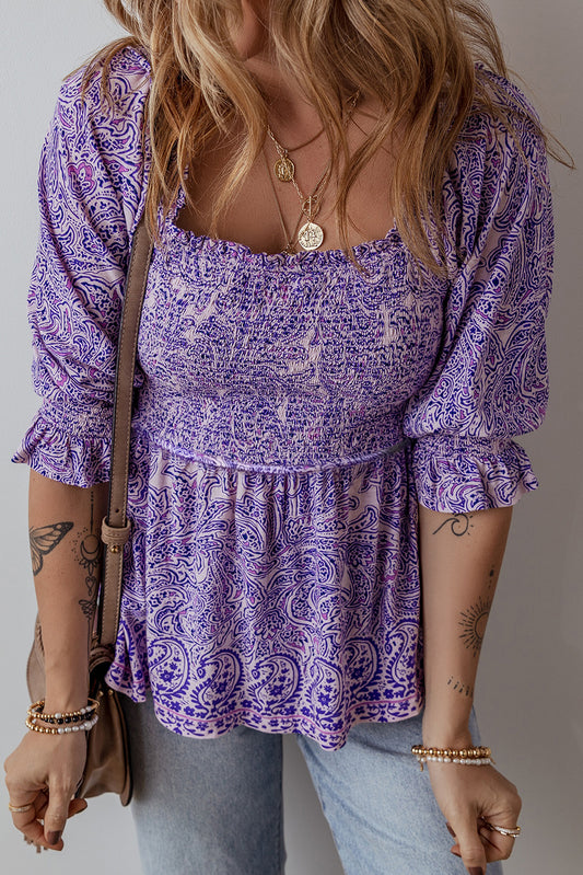 Paarse boho paisley print halve mouw shirred peplum blouse