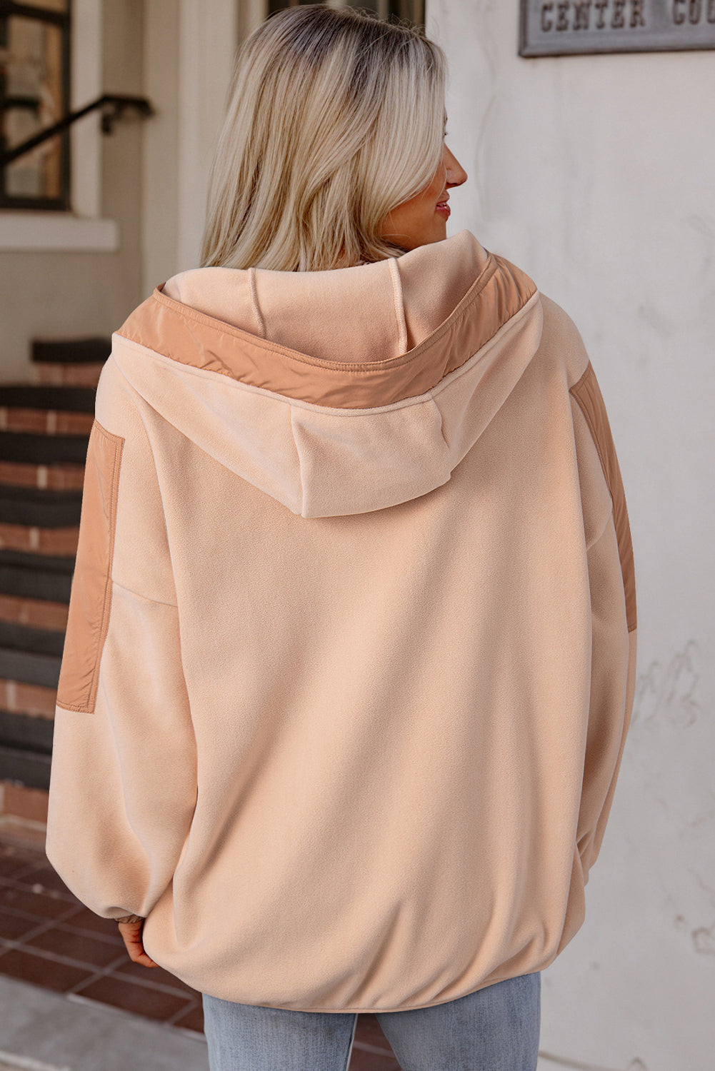 Roze kleurblokpatchwork Half Zip oversized sherpa hoodie