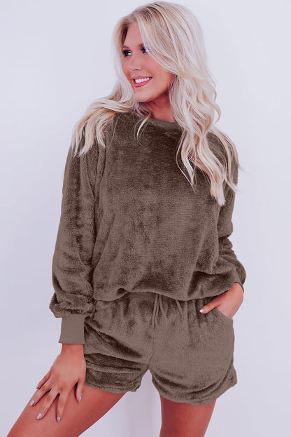 Koffie vaste los fit tweedelig fleece lounge set