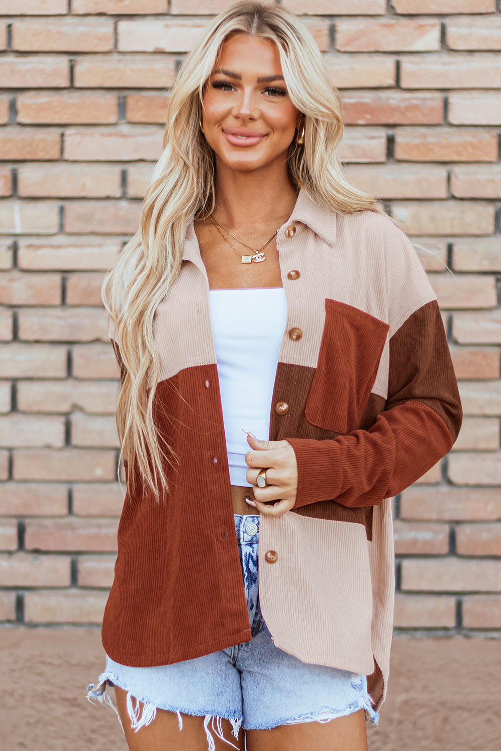 Kaneel Colorblock Corduroy shacket met gebogen zoom en zak