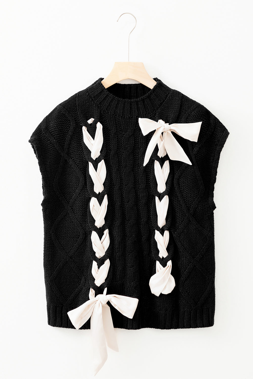 Zwarte kabel gebreide kleurblok satijn bowknot short mouw trui