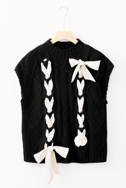 Zwarte kabel gebreide kleurblok satijn bowknot short mouw trui