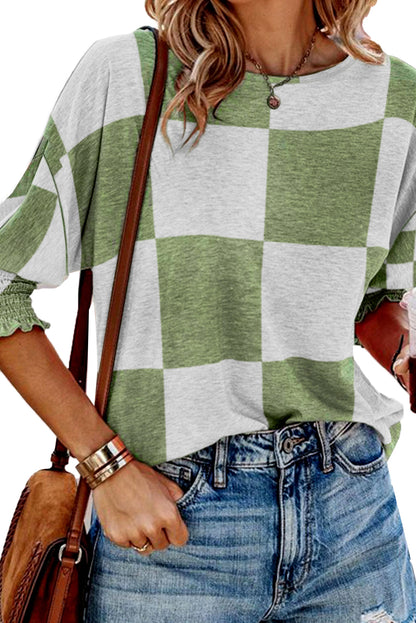Grasgroene mix geruite print gesmokte manchetten blouse