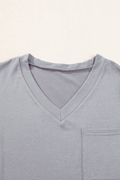 Middelgrijs T-shirt met V-hals en ronde zoom