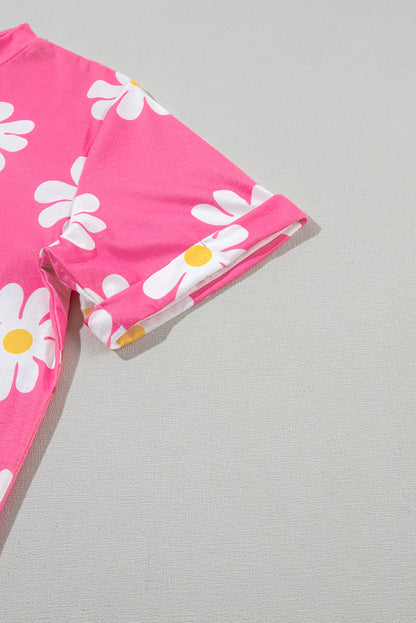 Roze madeliefjes bedrukt T-shirt met ronde hals