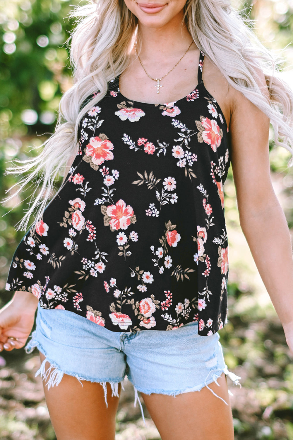 Zwarte bloemen spaghettibandjes tanktop met bandjes op de rug