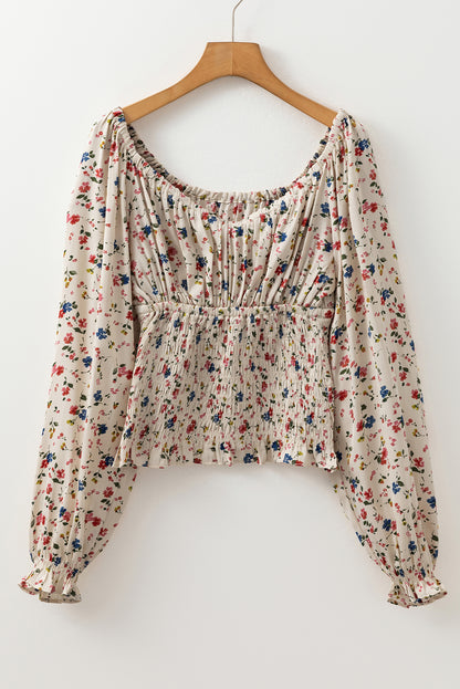 Beige boho bloemenprint gesmokte taille v nek blouse