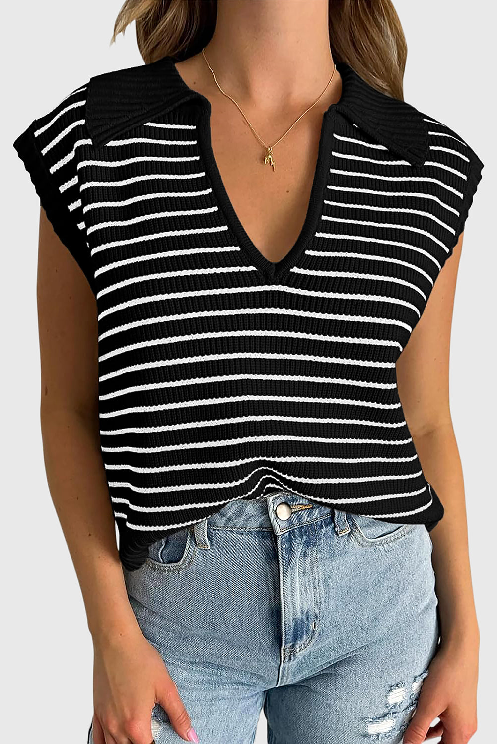 Zwarte gestreepte turn-down tanktop met V-hals
