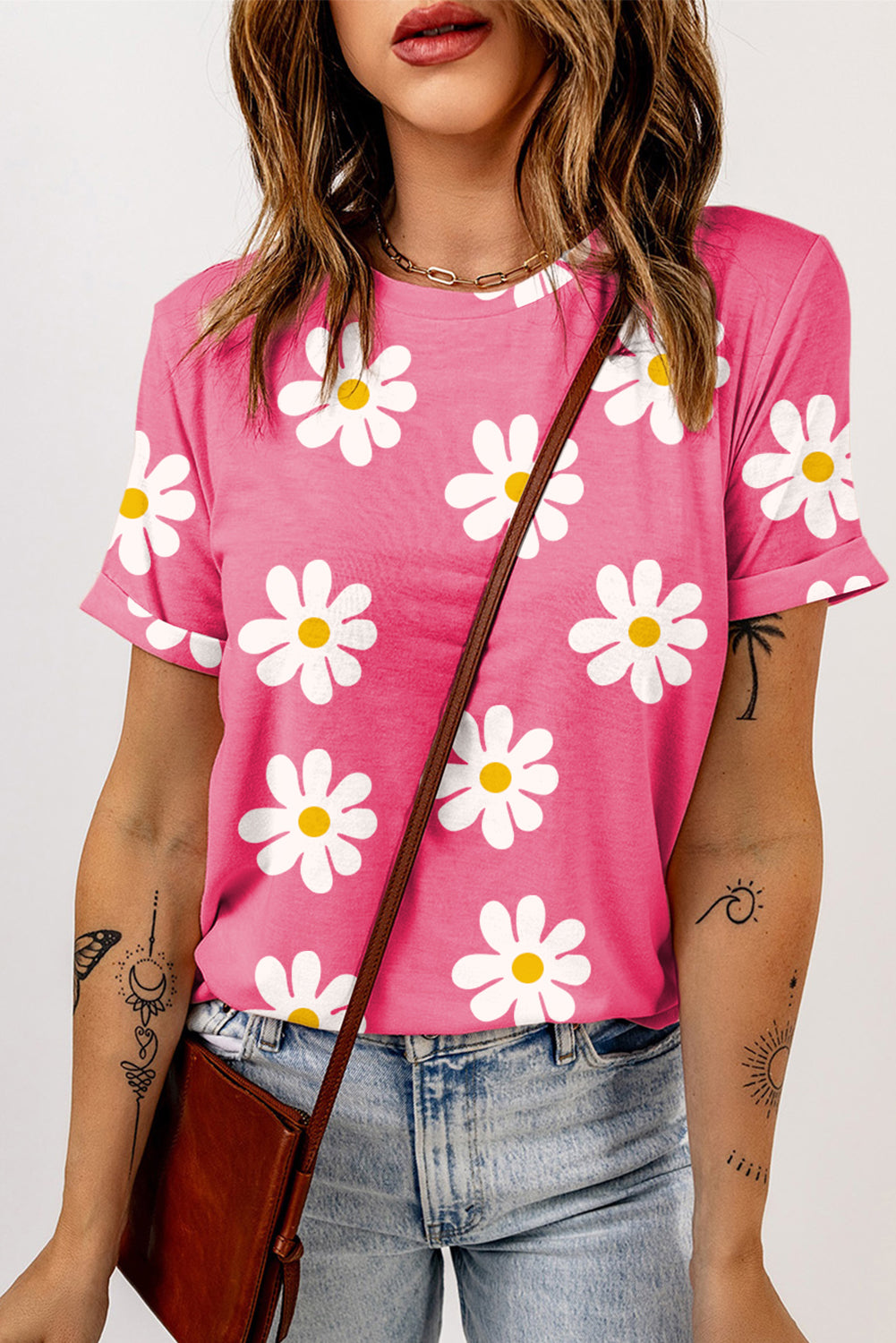 Roze madeliefjes bedrukt T-shirt met ronde hals