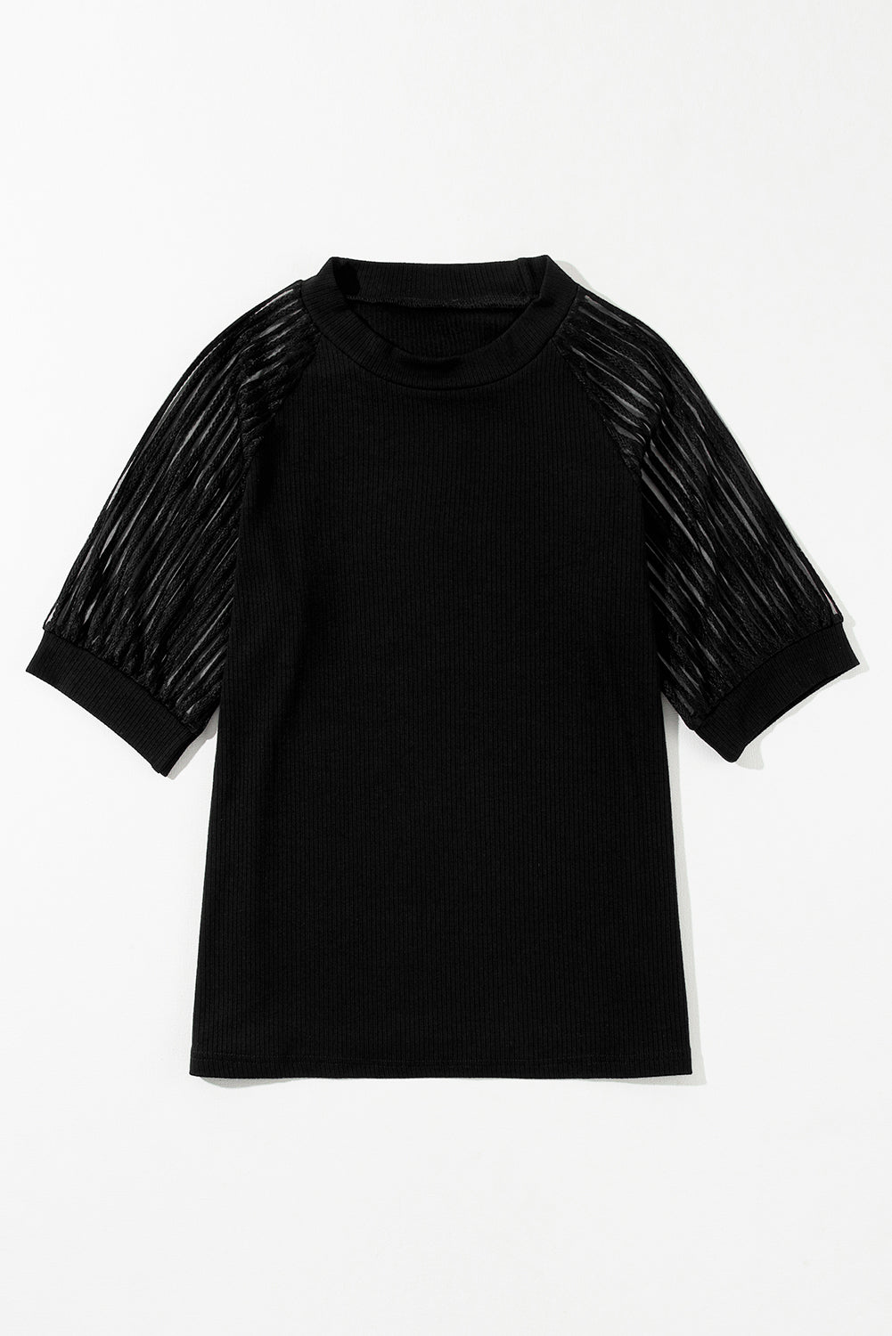 Zwart gestreept T-shirt met ronde hals en mesh mouwen