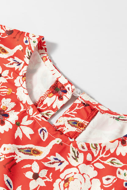 Rood kleurrijke bloemen patchwork lange mouw geplooide mini -jurk