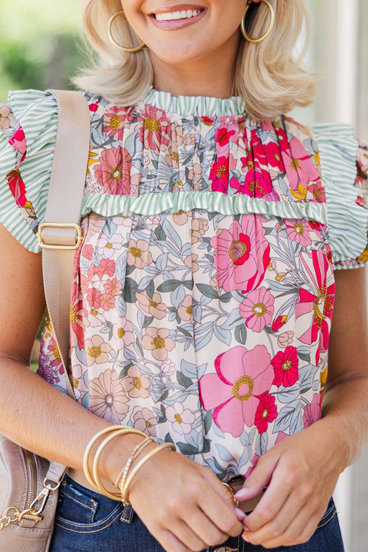 Roze bloemenprint contrast ruches trim korte mouw blouse