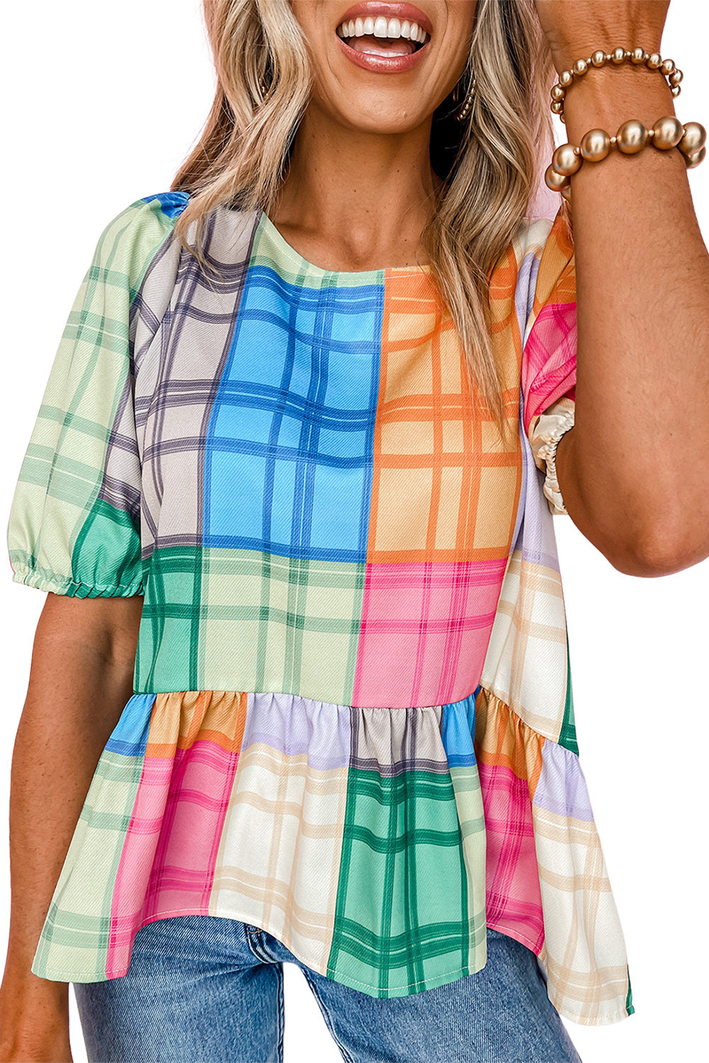 Veelkleurige, gedurfde geruite peplum-top met kleurblokken en pofmouwen