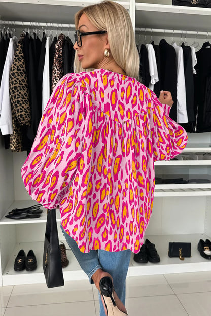 Rose Red Oversized Leopard Print Ballon Sleeve Casual Shirt