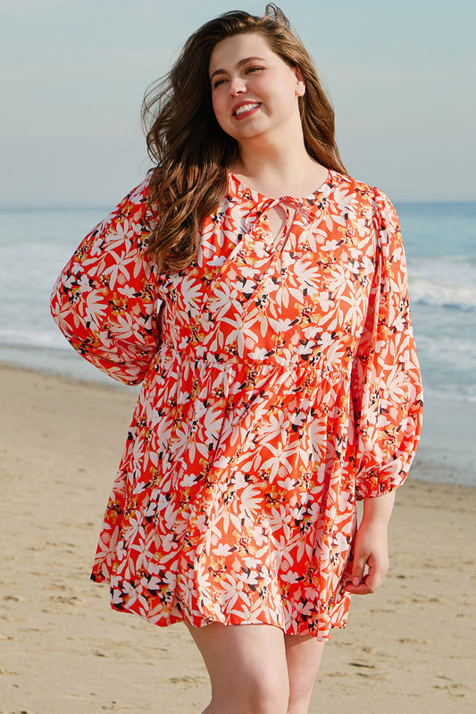 Oranje bloemenprint split v nek bubble mouw plus size midi jurk