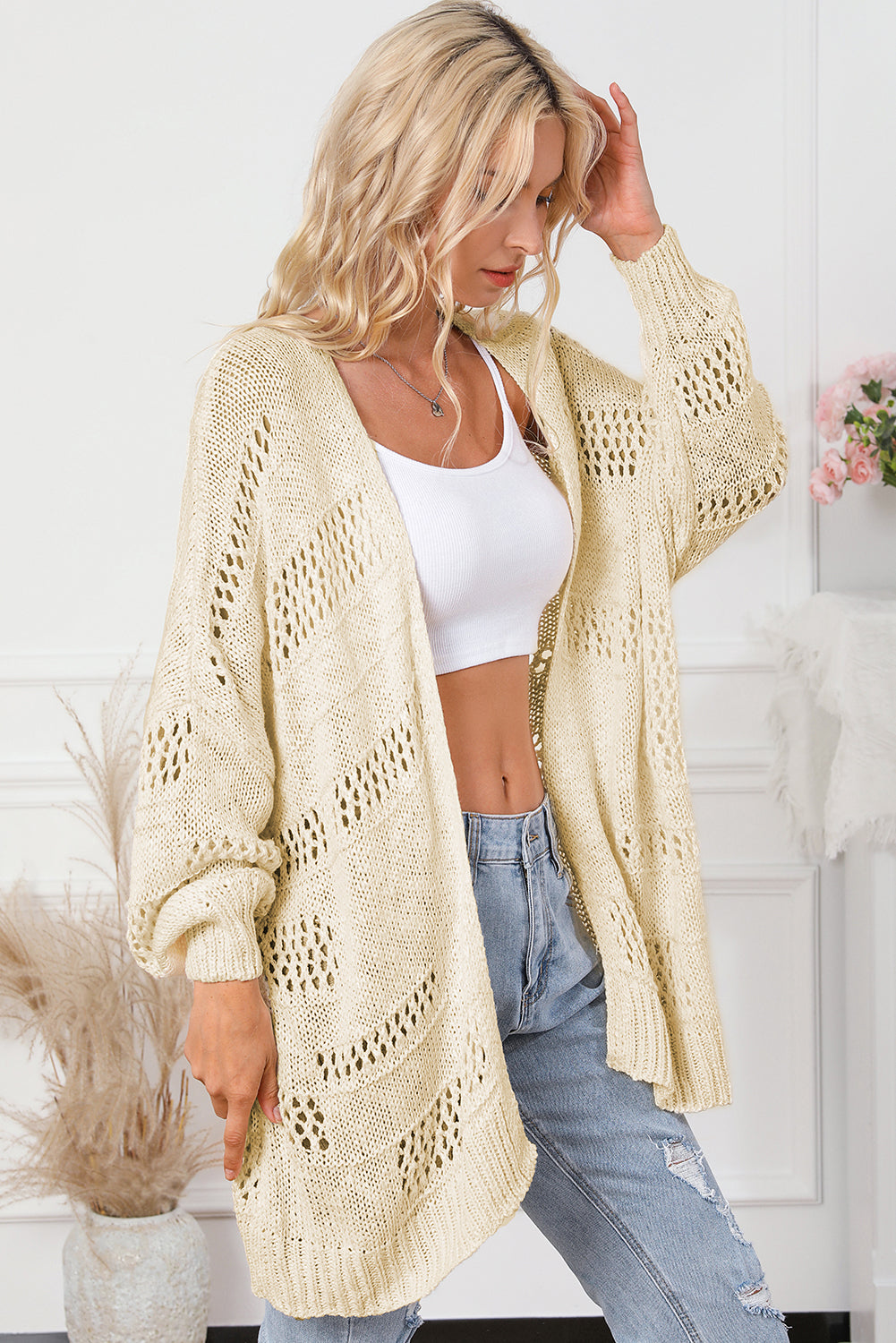 Abrikoos casual uitgehold gebreid vest met dolmanmouwen