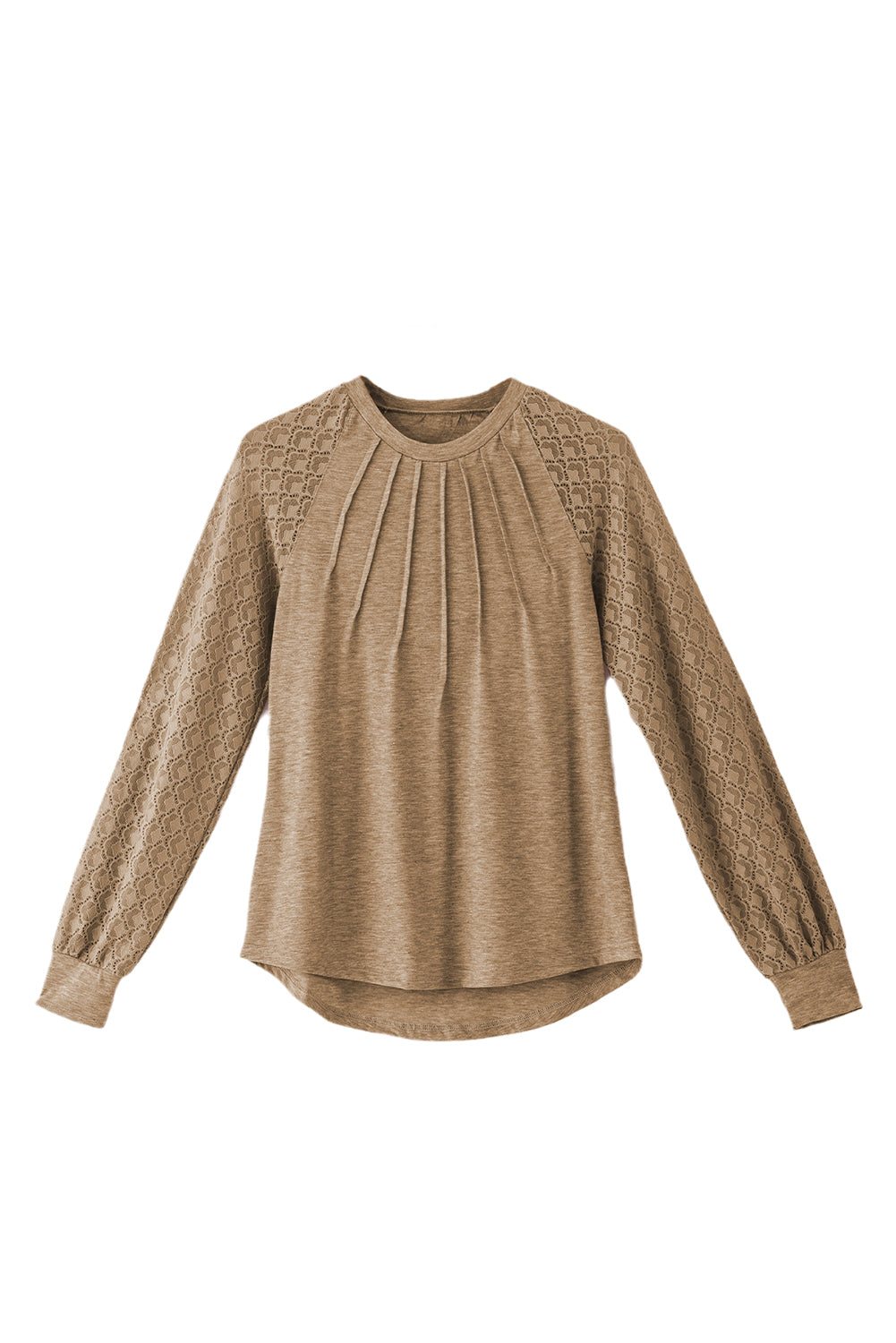 Licht Frans beige contrasterende kanten top met raglanmouwen en ronde hals