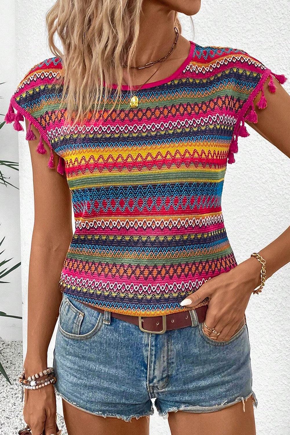 Rose Red Jacquard getextureerde Tasseled Cap Sleeve top