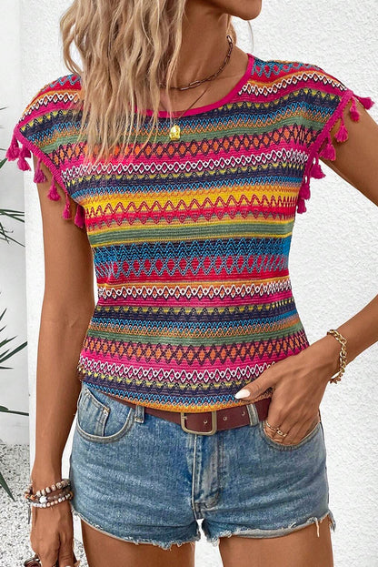 Rose Red Jacquard getextureerde Tasseled Cap Sleeve top