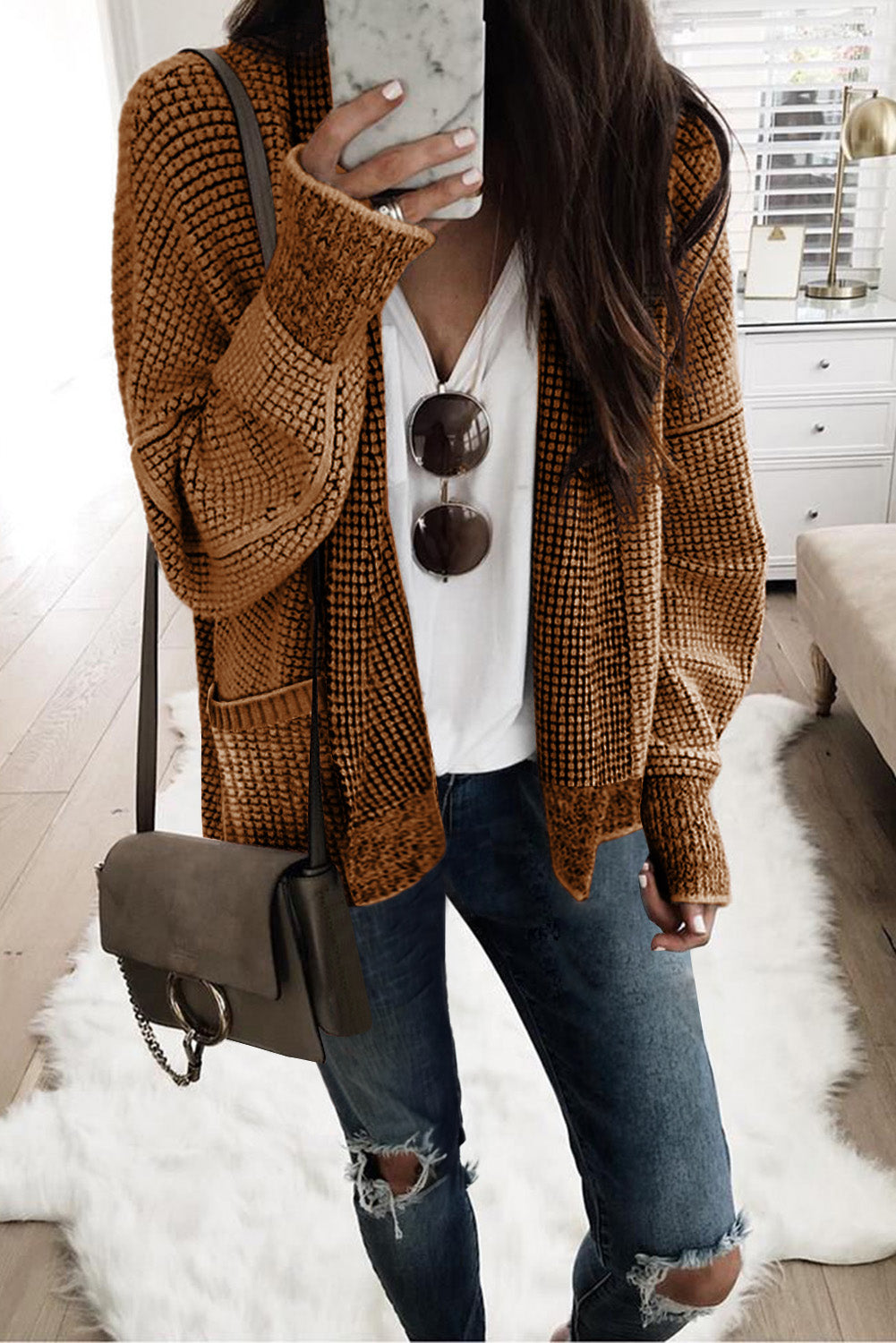 Bruine dikke wafel gebreide oversized kraag vest