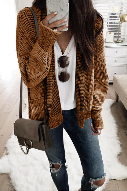 Bruine dikke wafel gebreide oversized kraag vest