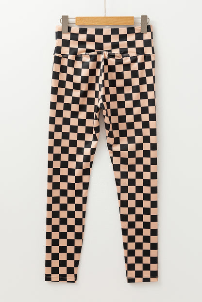 Khaki geruite patroon hoge taille magere leggings