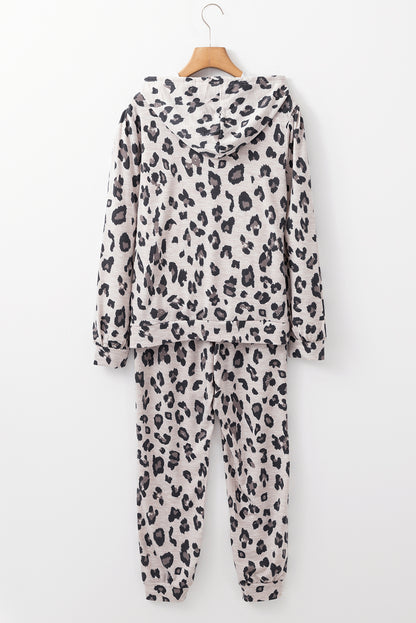 Khaki Leopard Print Drawstring Hoodie en Skinny Broek Loungeset