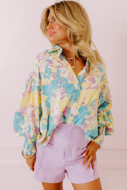 Oversized overhemd met gele bloemen en allover print en gesmokte manchetten