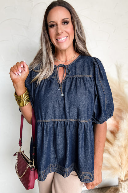 Zeil blauwe puff mouw veter halslijn splicing denim blouse