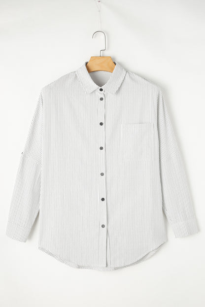 Zwart gestreept lang shirt met oprolbare mouwen en zakken