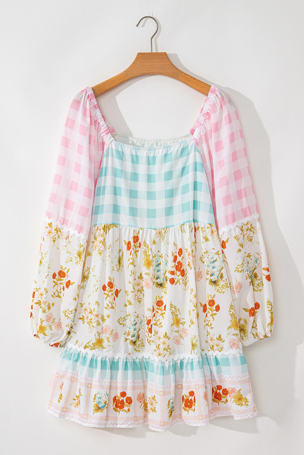Roze Ric Rac Plaid Floral Print Patchwork Bubble Sleeve jurk