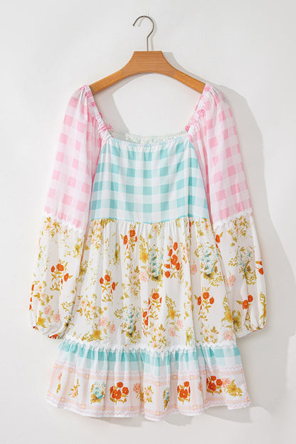 Roze Ric Rac Plaid Floral Print Patchwork Bubble Sleeve jurk