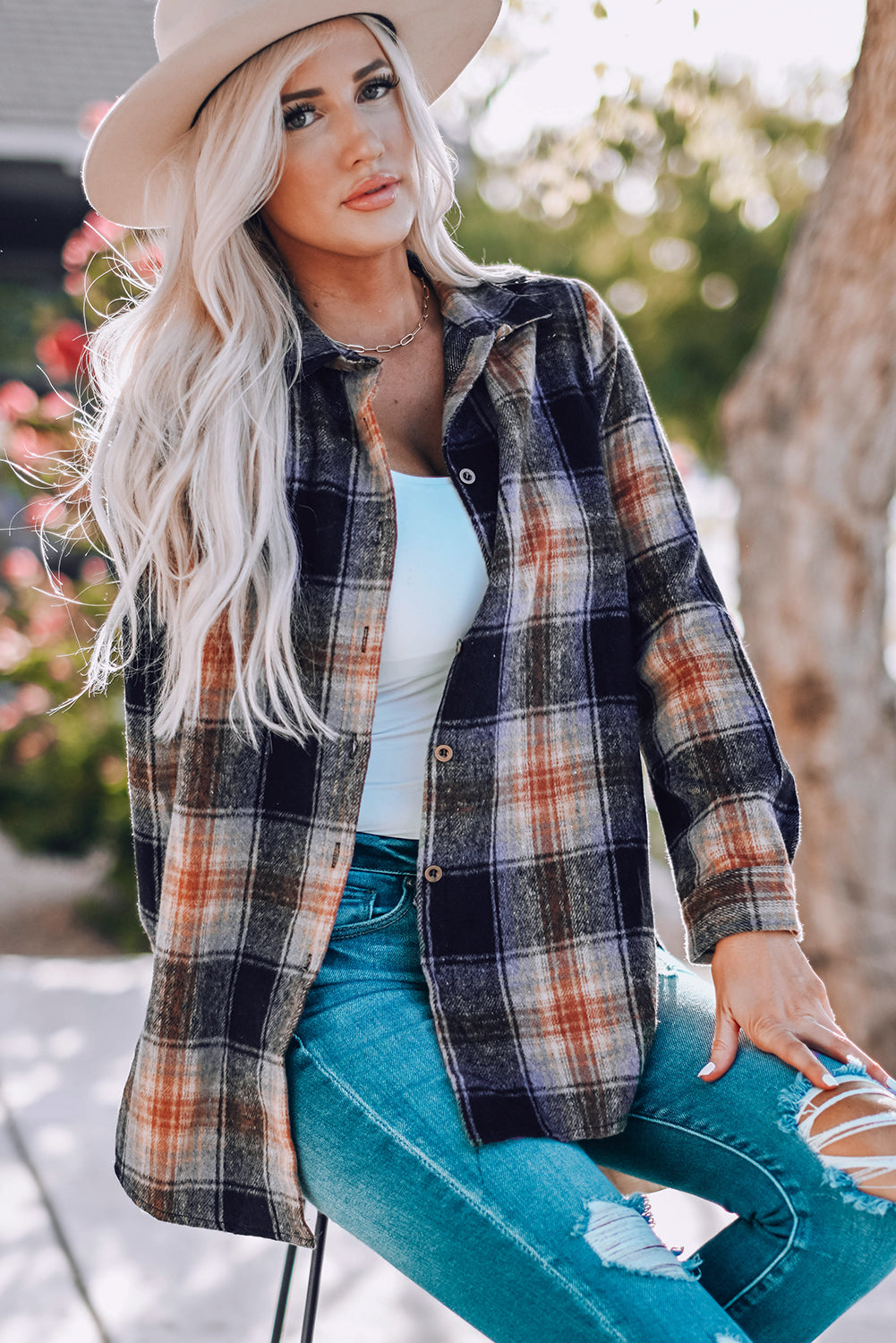 Zwarte oversized geruite shacket met afgeronde zoom en spleten