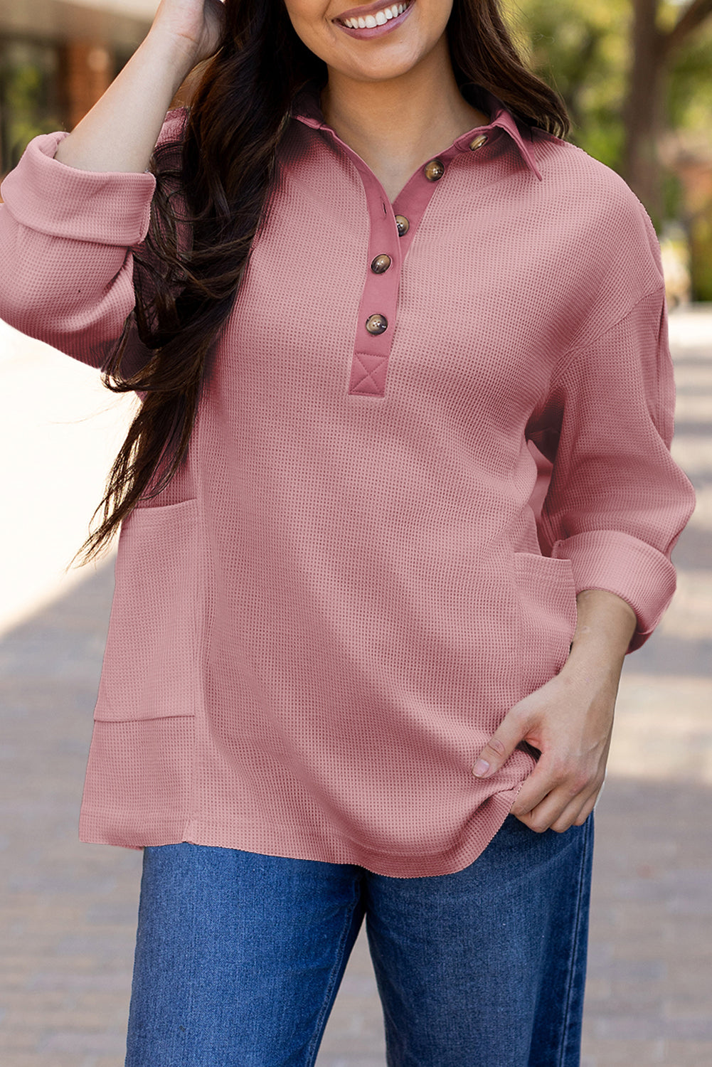 Jet Stream Waffle Long Sleeve Collar Half Button Loose Top