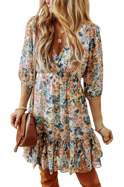 Sky Blue Floral 3/4 Sleeve V Neck High Taille Ruffled Dress