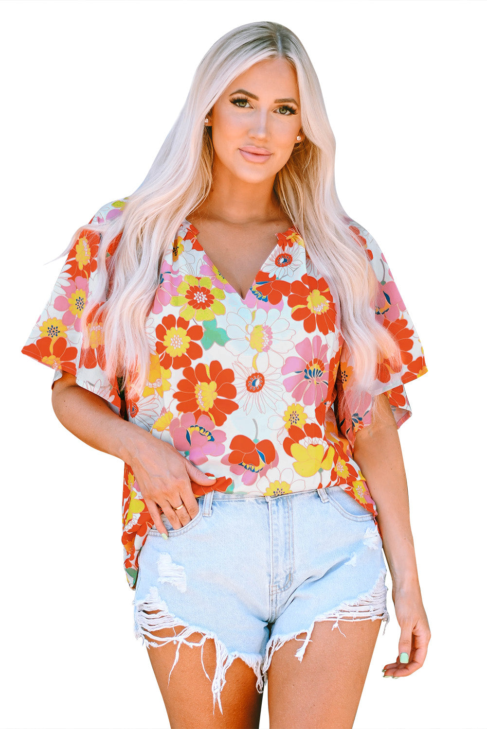 Oranje blouse met abstracte print en V-hals en halve mouw