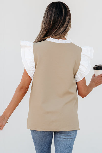 Bleke kaki contrast v nek gegolfde textuur gebreide top