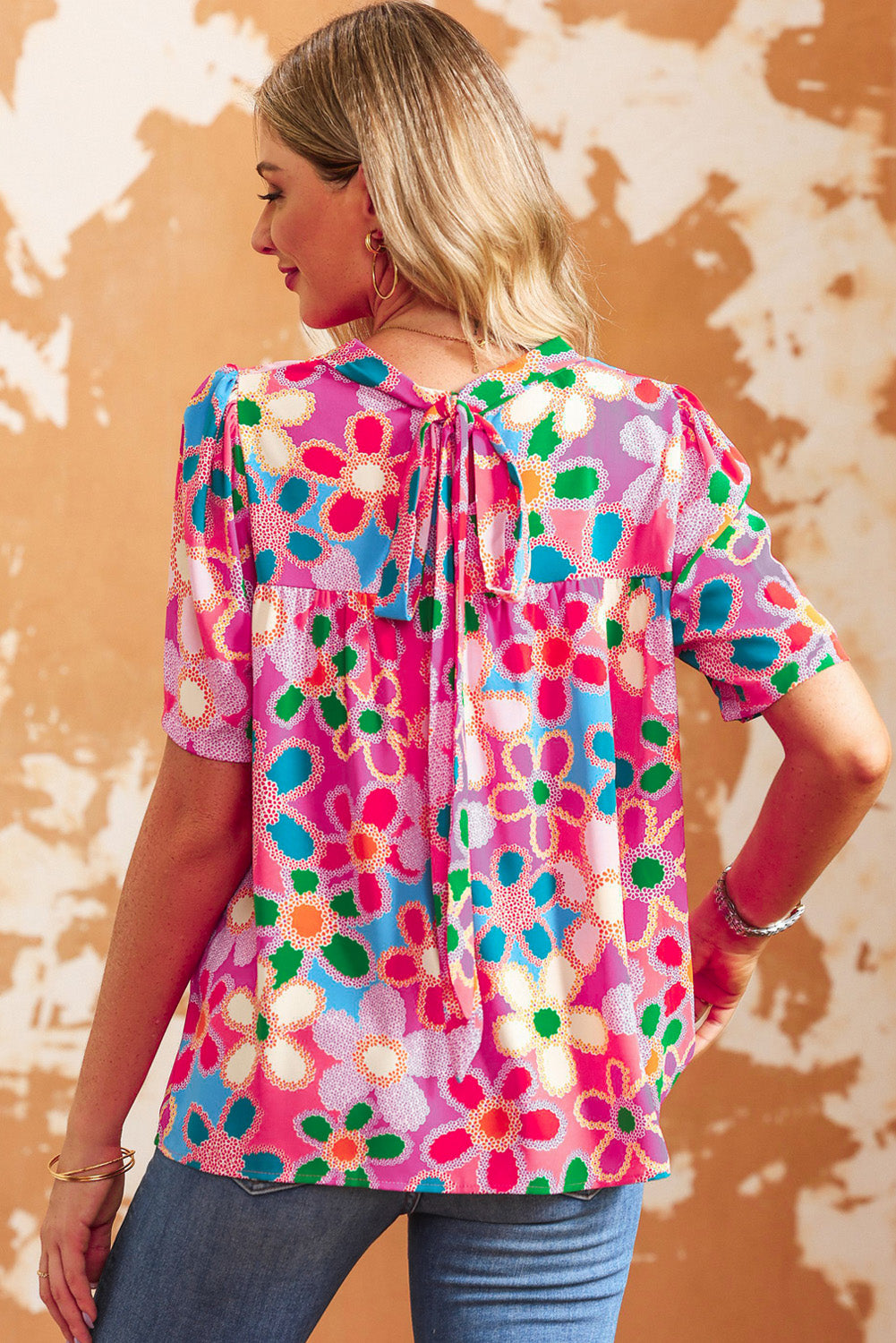 Paarse boho bloemenprint top met korte mouwen en bladerdeeg