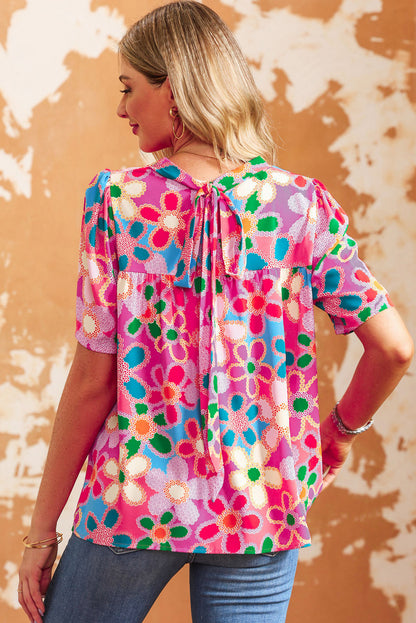 Paarse boho bloemenprint top met korte mouwen en bladerdeeg