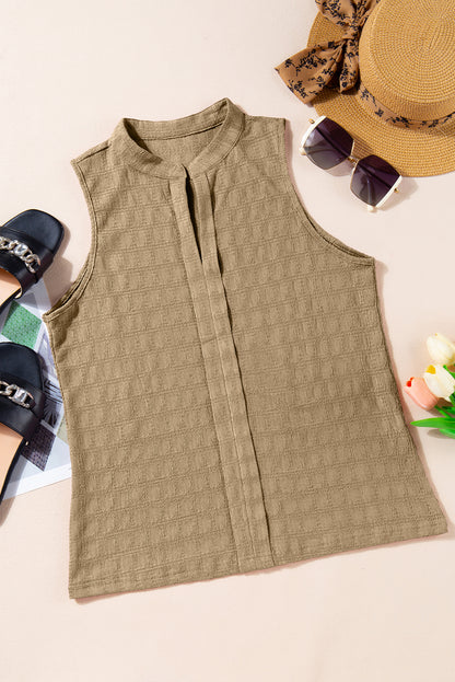 Licht Frans beige tanktop met splithals en roosterstructuur