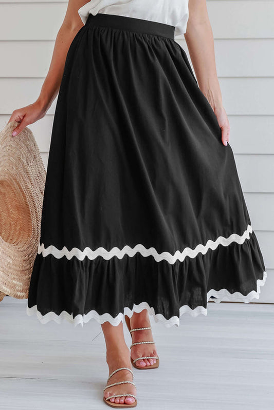 Zwarte Ricrac Trim Colorblock lange rok met hoge taille