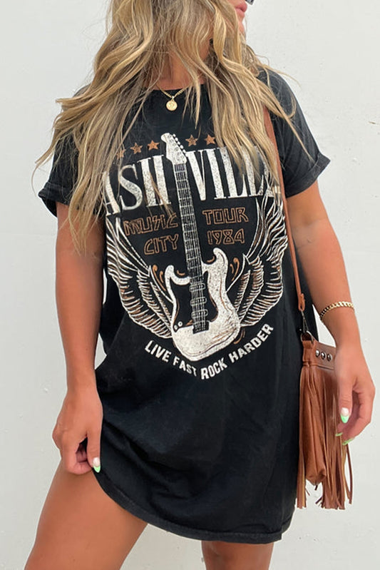 Black Nashville Guitar Print Crew Neck T -shirt mini -jurk