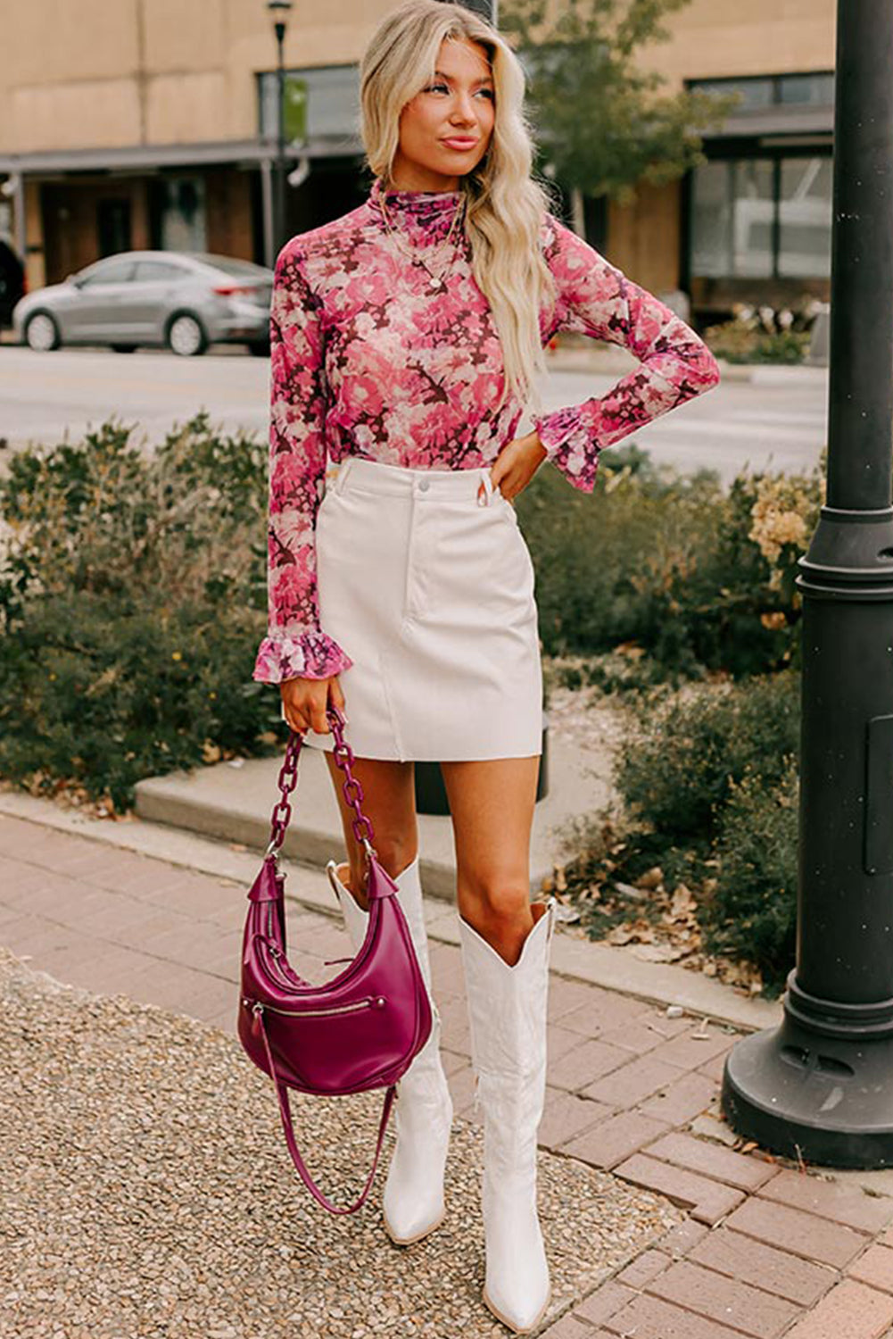Rozen bloemen mesh founce mouw mock nek blouse