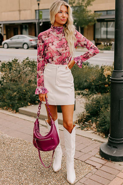 Rozen bloemen mesh founce mouw mock nek blouse