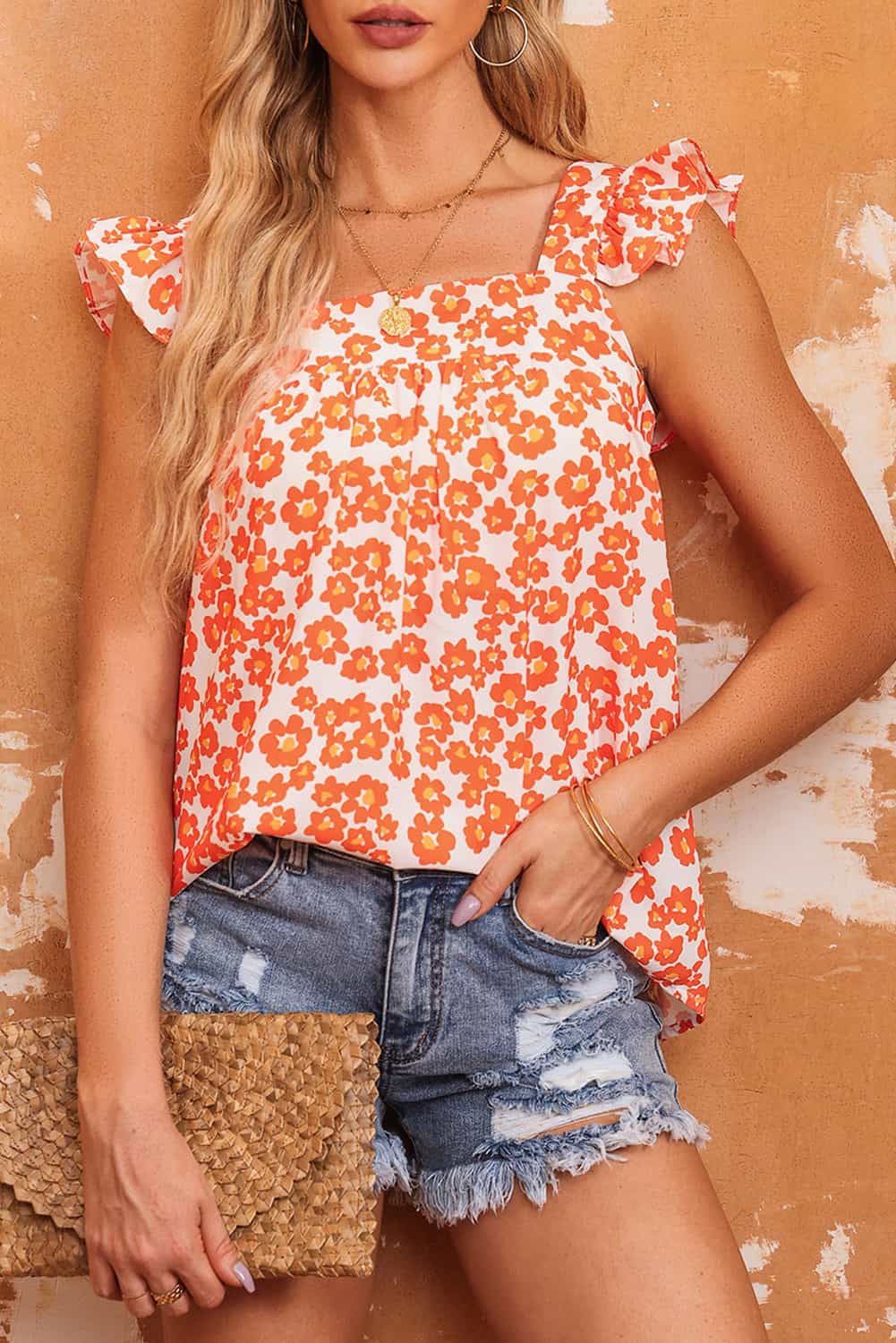 Oranje tanktop met ruches met vierkante hals en bloemenprint